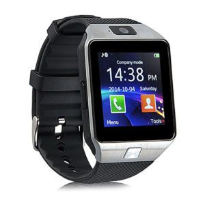 A smart watch with a black strap and silver frame.