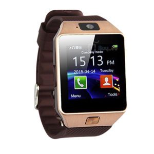 A smart watch with a brown strap and a white background