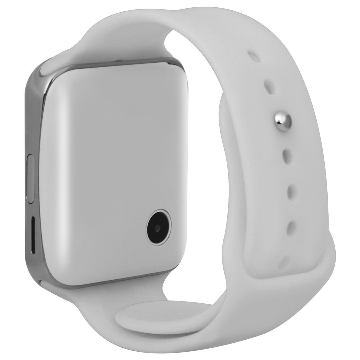 A white smart watch with an alarm clock on the side.