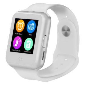 A white smart watch with various buttons on it.