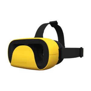 A yellow and black virtual reality headset is shown.