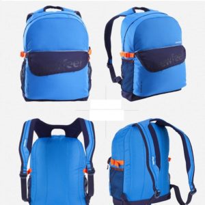 A blue backpack is shown with different views of the back.