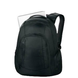 A black backpack with a laptop on the back.