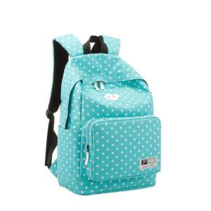 A blue backpack with white polka dots on it.