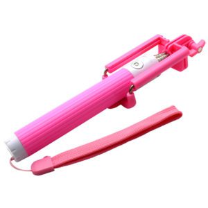 A pink selfie stick with a red strap.