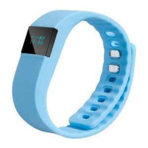 A blue smart watch with an activity tracker on it.