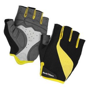 A pair of yellow and black gloves on top of a white background.