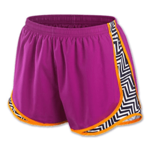 A purple and orange short with an animal print side.