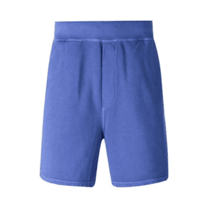 A pair of blue shorts with a white stripe on the bottom.