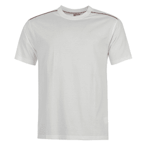 A white t-shirt with black stripes on the shoulder.