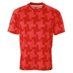 A red shirt with a pattern of crosses.