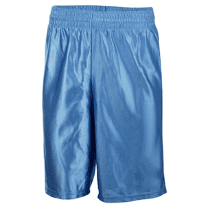 A pair of blue shorts with a white stripe on the side.