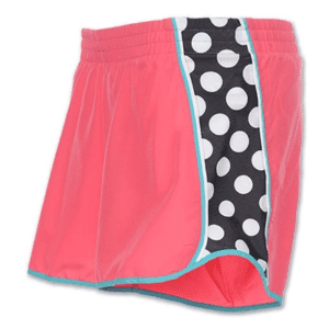 A pink and black polka dot running shorts.