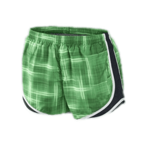 A green plaid running shorts with white trim.