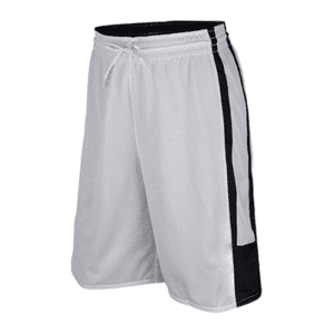 A white and black basketball shorts is shown.