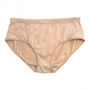 A pair of beige underwear is shown in front of a white background.