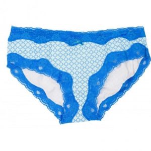 A blue and white pair of panties with lace trim.