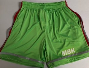 A pair of green shorts with the initials mbk on it.