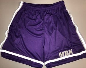 A pair of purple shorts with white trim.