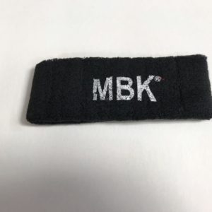 A black headband with mbk written on it