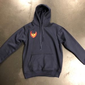 A black hoodie with an orange and yellow logo.