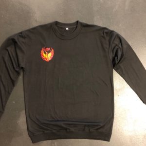 A black sweatshirt with an orange and yellow logo.