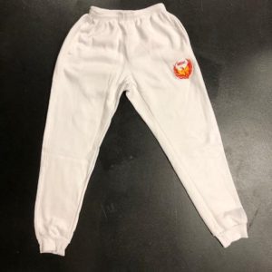 A white sweat pants with an orange heart on the front.