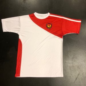 A white and red shirt with a logo on it.